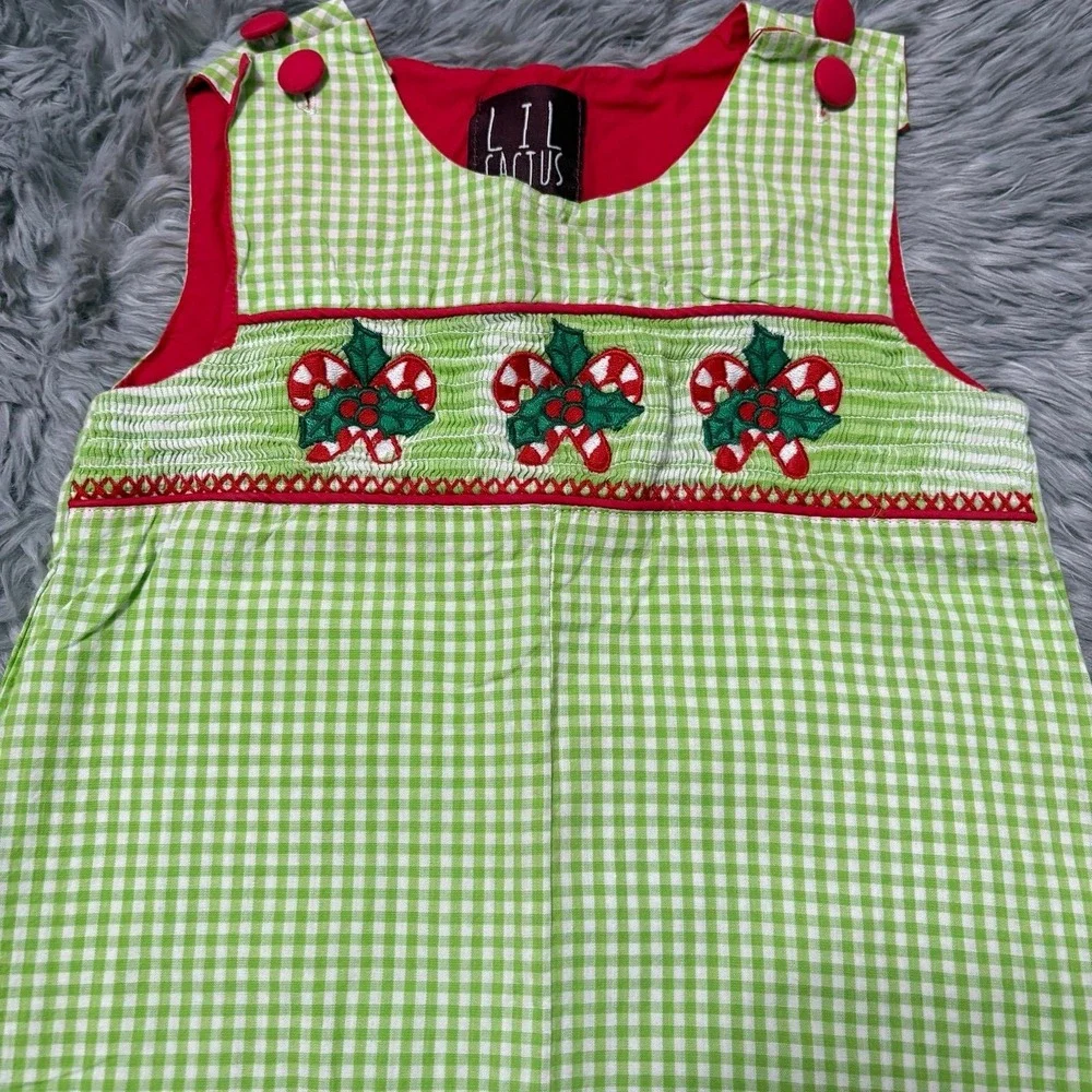 Lil Cactus Smocked Christmas‎ Overall Green Plaid Candy Cane Toddler 2T
